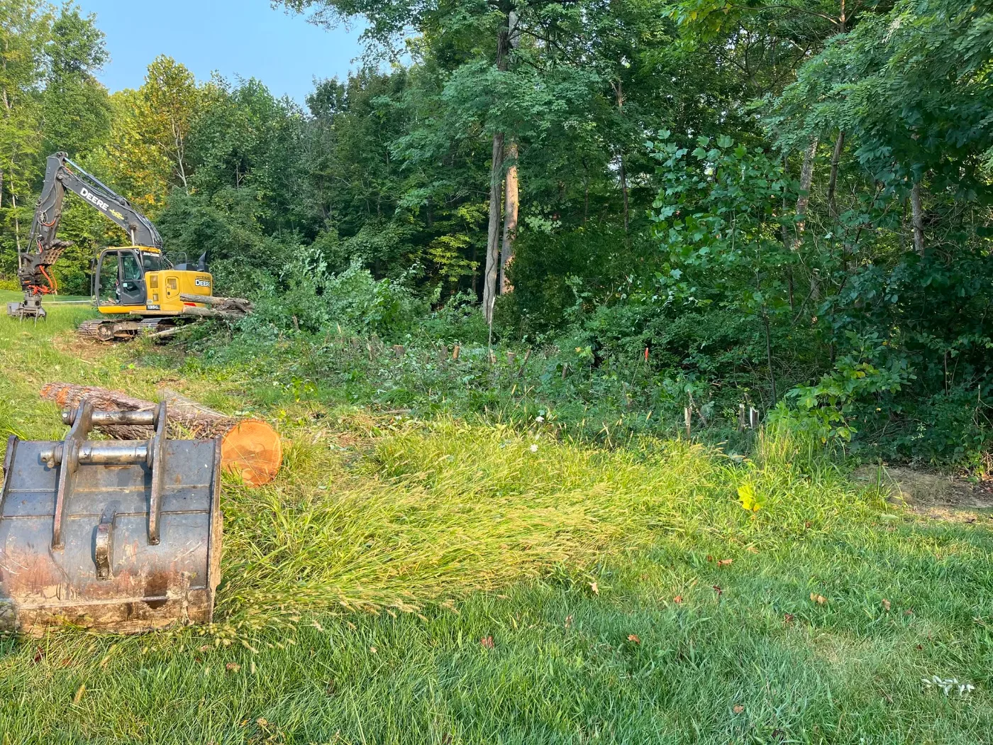 Excavator on a wooded job site in Southwest Indiana