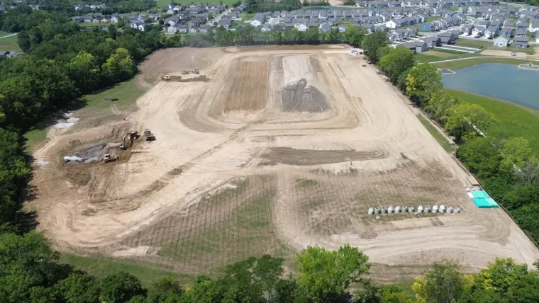 Aerial view of commercial site preparation in Daviess County, Indiana
